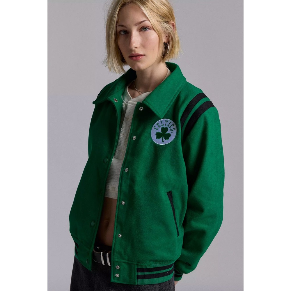 New Era Boston Celtics Varsity Bomber Jacket Womens M Green NBA Retro Streetwear